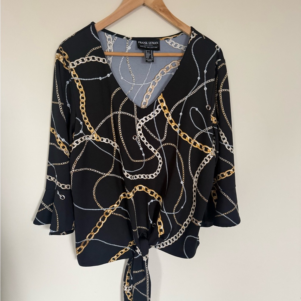 Frank Lyman Design Black Chain-Print V-Neck Tie-Front Top